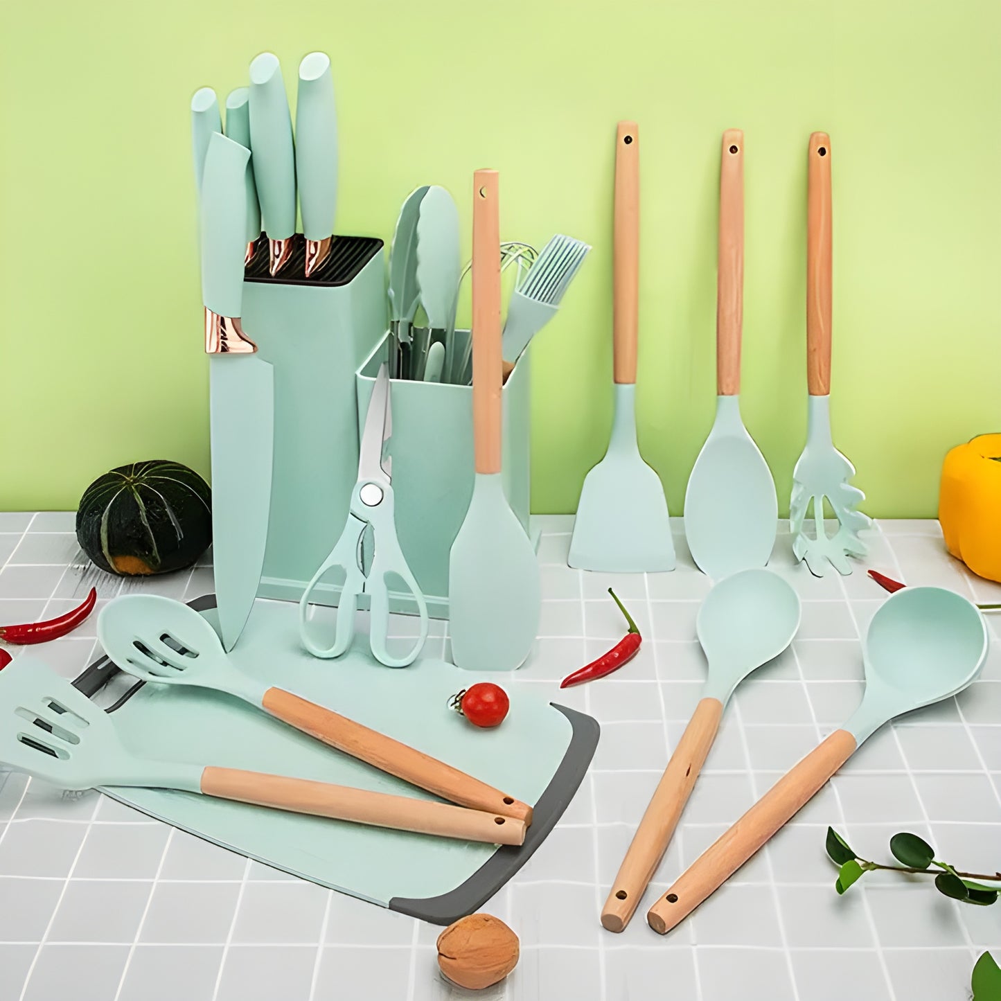 Ensemble complet de 19 ustensiles de cuisine en silicone et bois