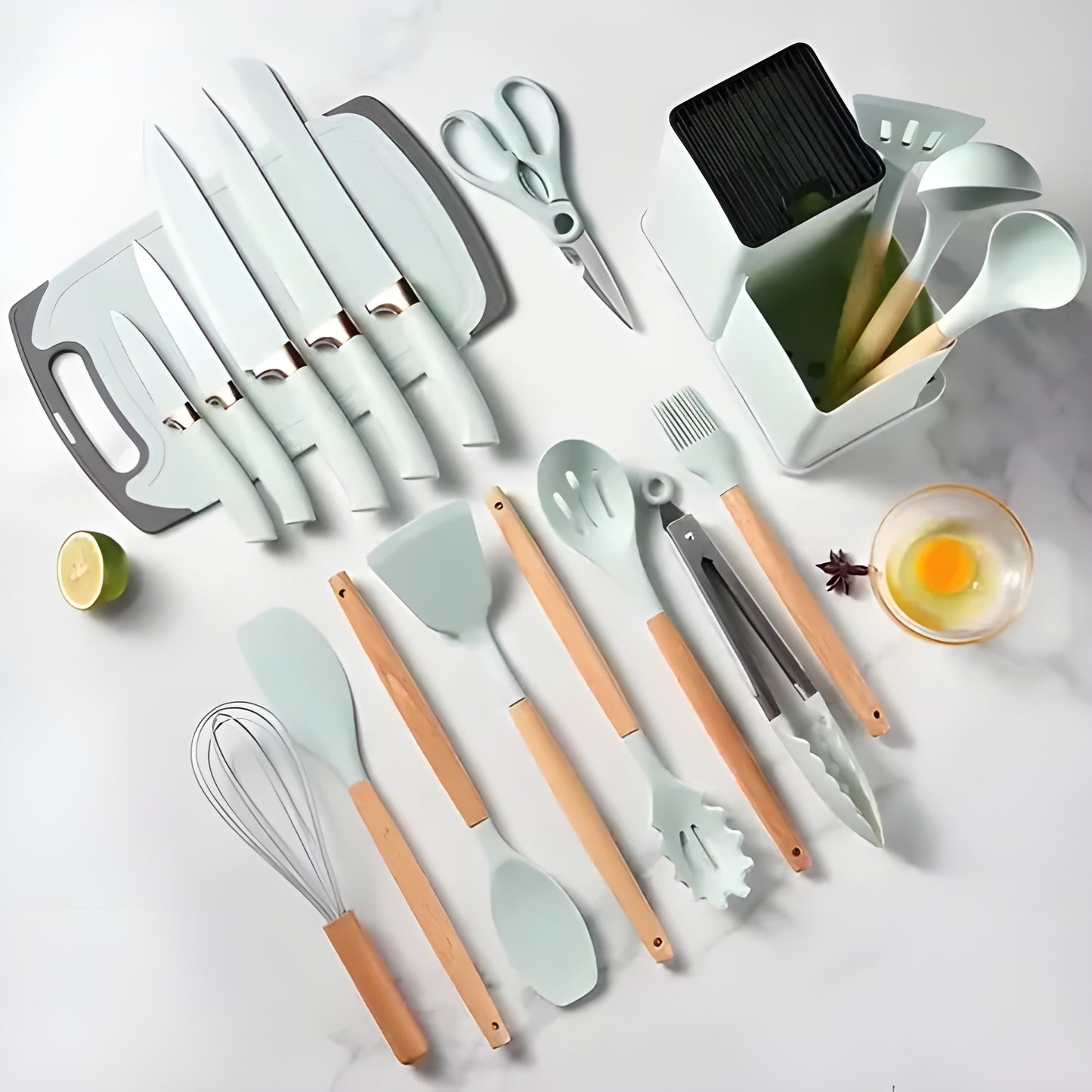 Ensemble complet de 19 ustensiles de cuisine en silicone et bois