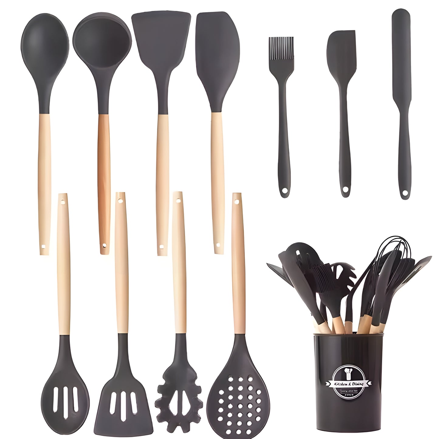 Ensemble complet de 12 ustensiles de cuisine en silicone et bois