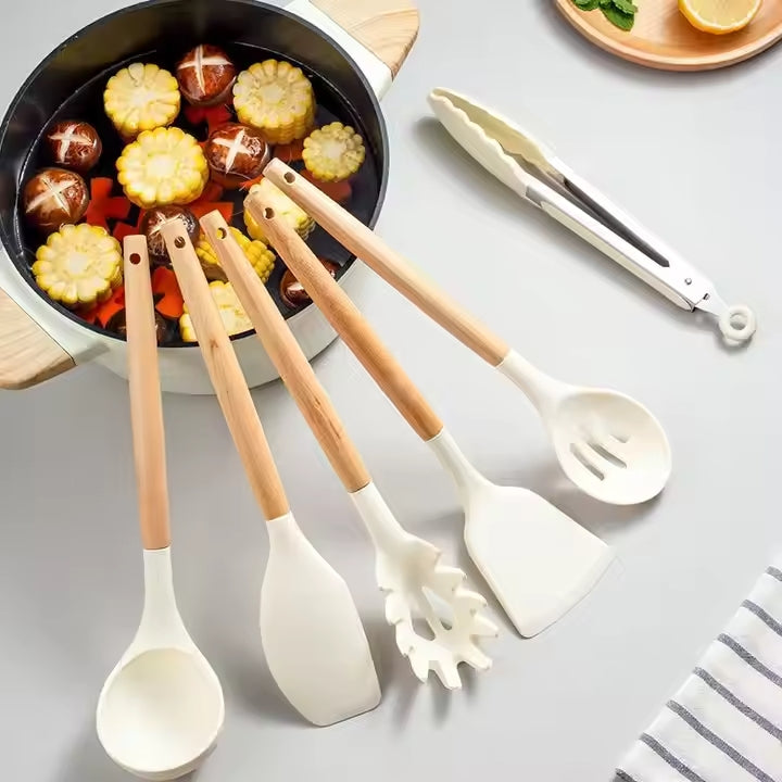 Ensemble complet de 12 ustensiles de cuisine en silicone et bois